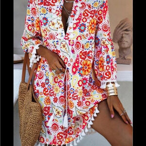 Retro dress/swim cover peace & love theme w/fringe hem, cuffs, & collar size L